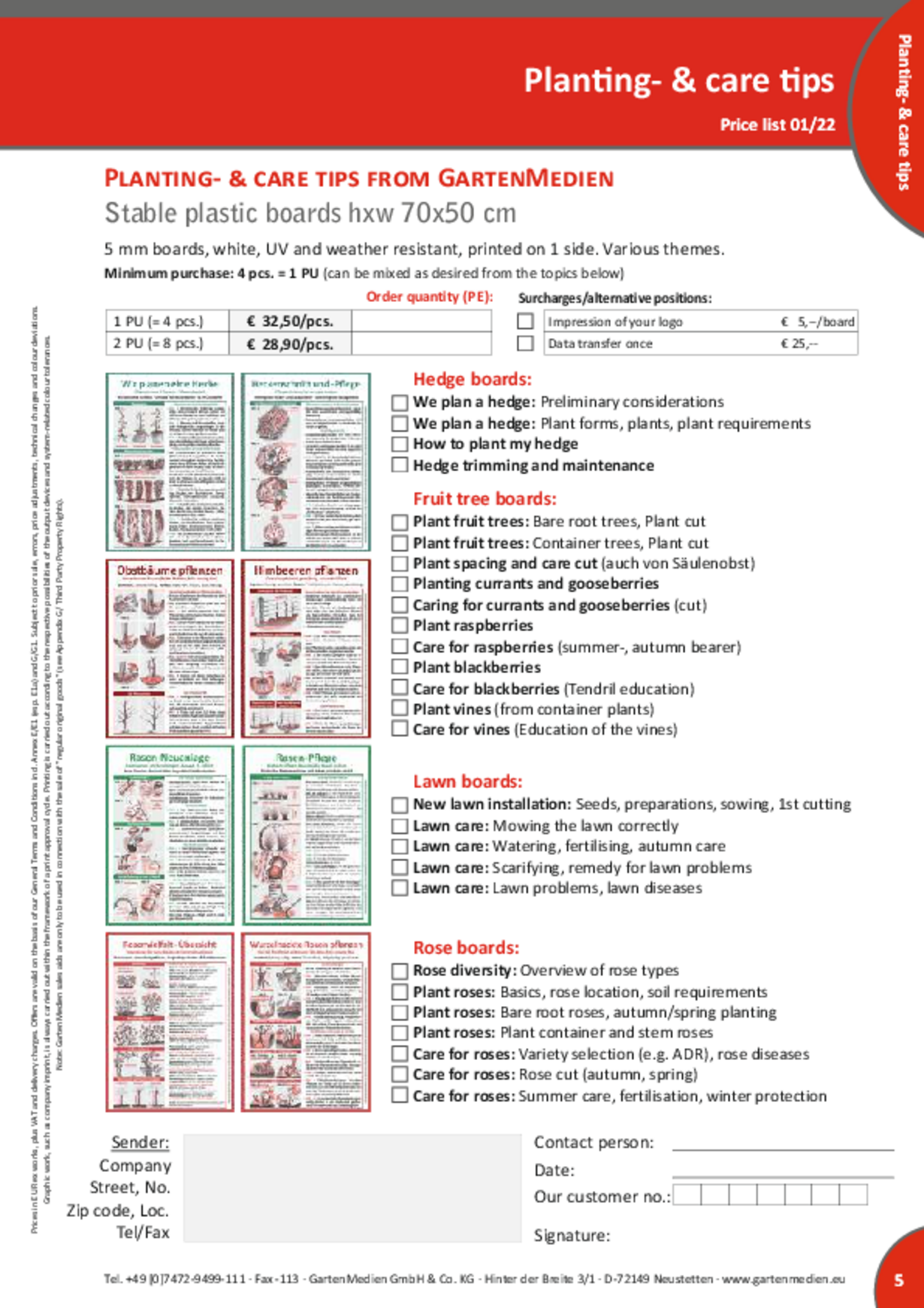 Price list planting and care tips 2022/01 boards